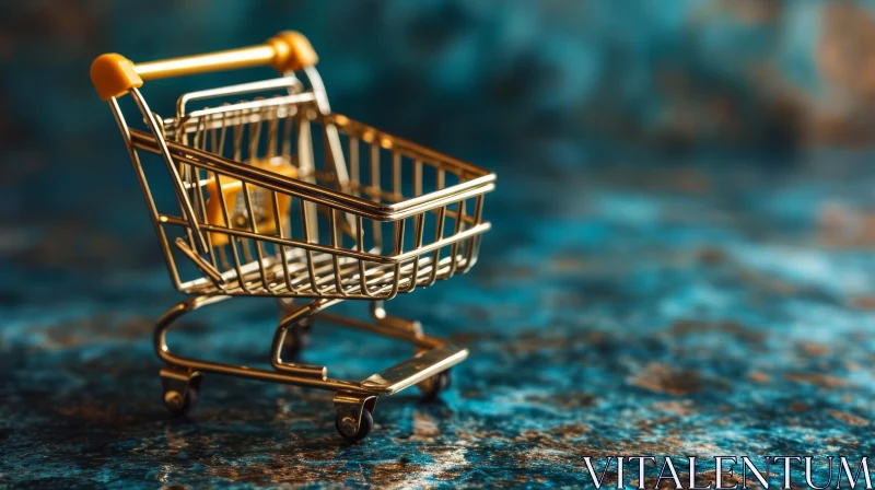Golden Metal Shopping Cart on Textured Blue Background AI Image
