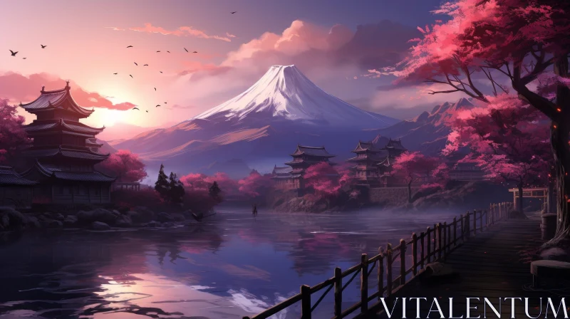 Japanese Village Landscape with Mountain and Cherry Blossoms AI Image