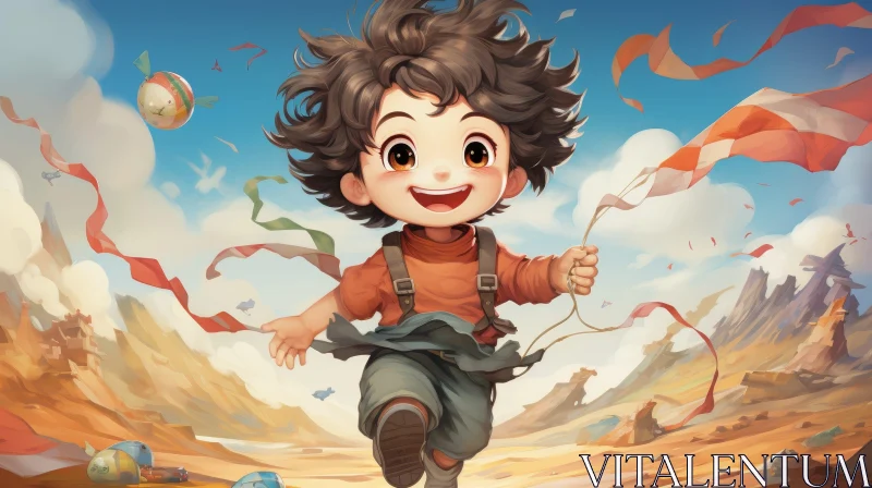 Joyful Cartoon Illustration of Boy Running in Desert Landscape AI Image
