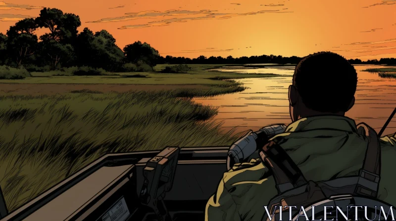 AI ART Man Driving Boat Through Swamp at Sunset