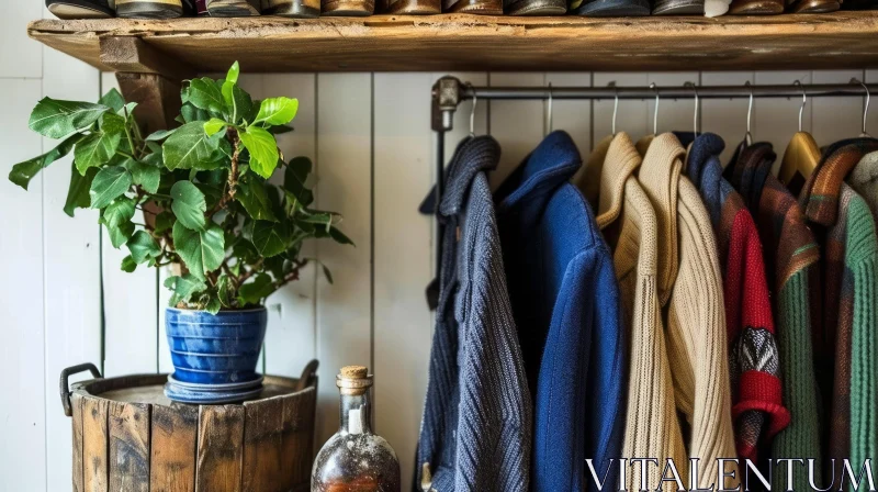Minimalist Wooden Shelf with Potted Plant and Clothes Rack AI Image