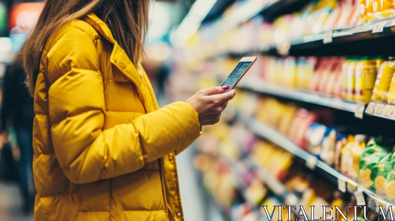 Modern Woman in Yellow Jacket at Supermarket | Digital Connectivity AI Image