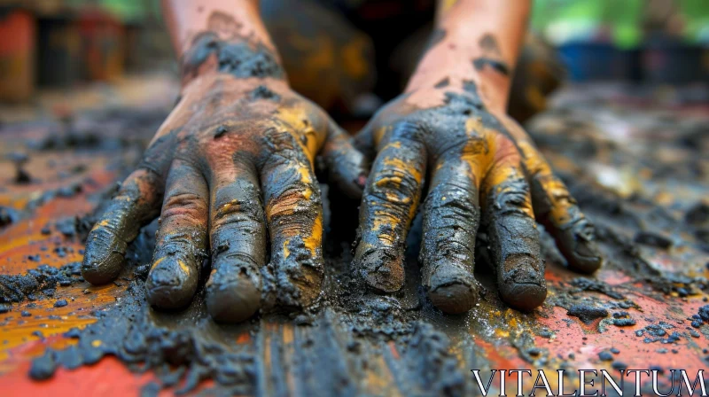 Mud-Covered Hands on Muddy Surface AI Image