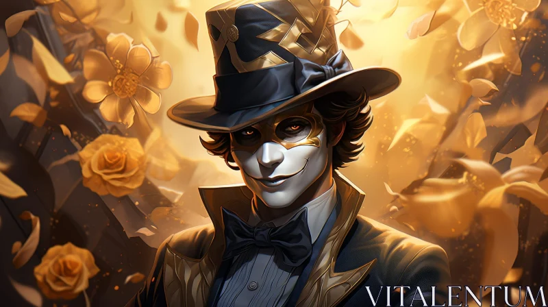 Mysterious Man Portrait in Top Hat and Mask AI Image