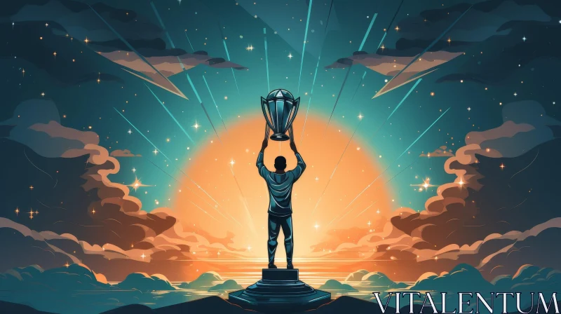 Person Holding Trophy Under Starry Night Sky AI Image