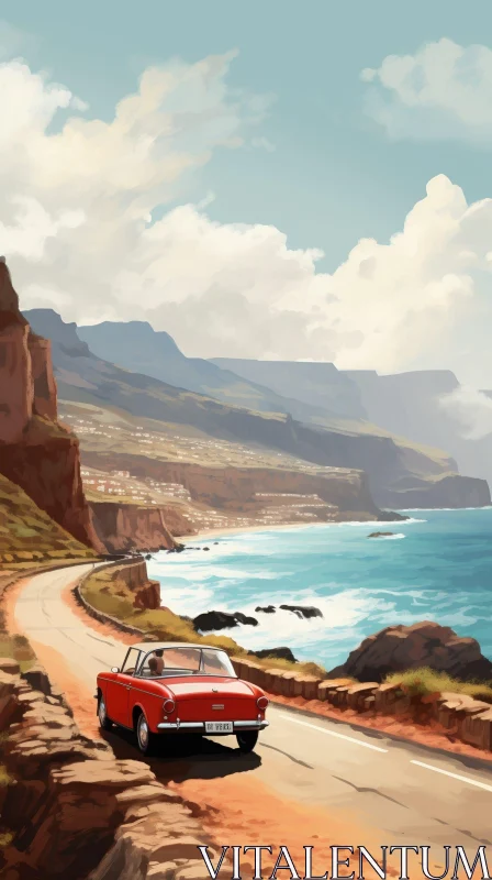 Red Vintage Car Coastal Road Scene AI Image