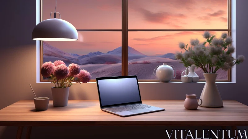 Serene Home Office with Mountain View AI Image