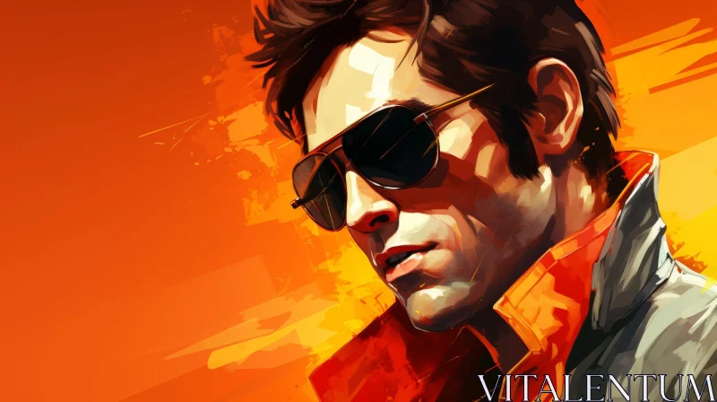 Serious Man Portrait with Sunglasses in Orange Background AI Image