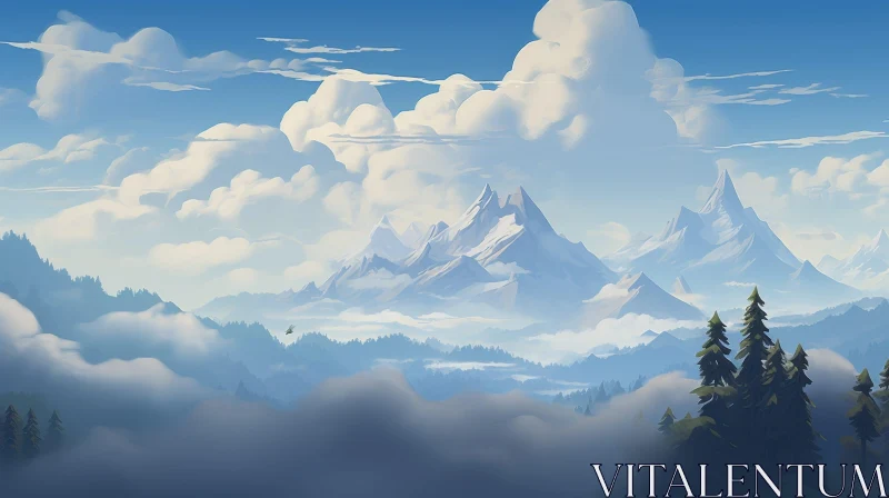 AI ART Snow-Capped Mountain Landscape with Bright Sunlight