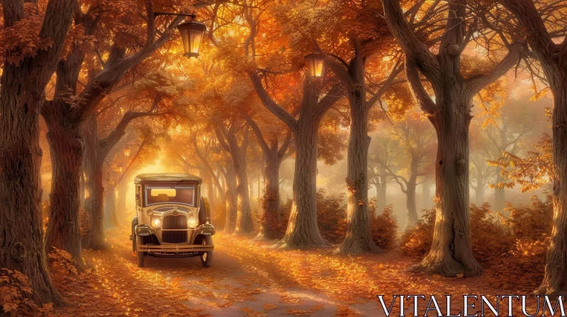 Tranquil Fall Scene with Vintage Car on Tree-Lined Road AI Image