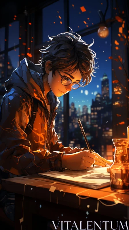 Young Man Writing in Journal at Desk in Cityscape Night Scene AI Image