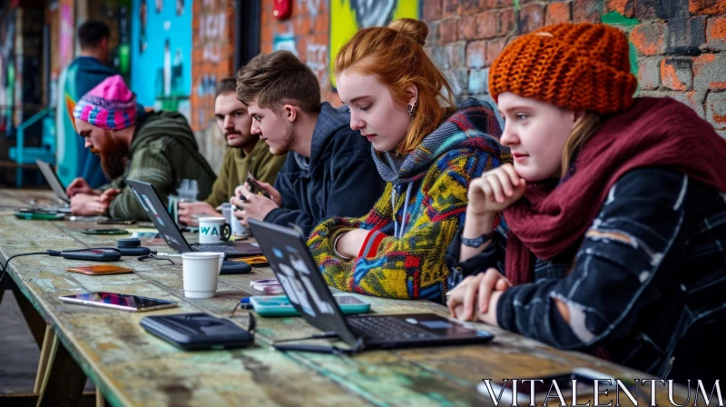 Young People Working Outdoors with Laptops | Casual and Relaxed Atmosphere AI Image
