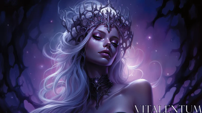 Beautiful Woman Portrait with Black Crown and Purple Gem Necklace AI Image