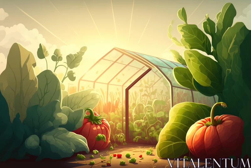 Captivating Garden Illustration with Greenhouse and Vegetables AI Image