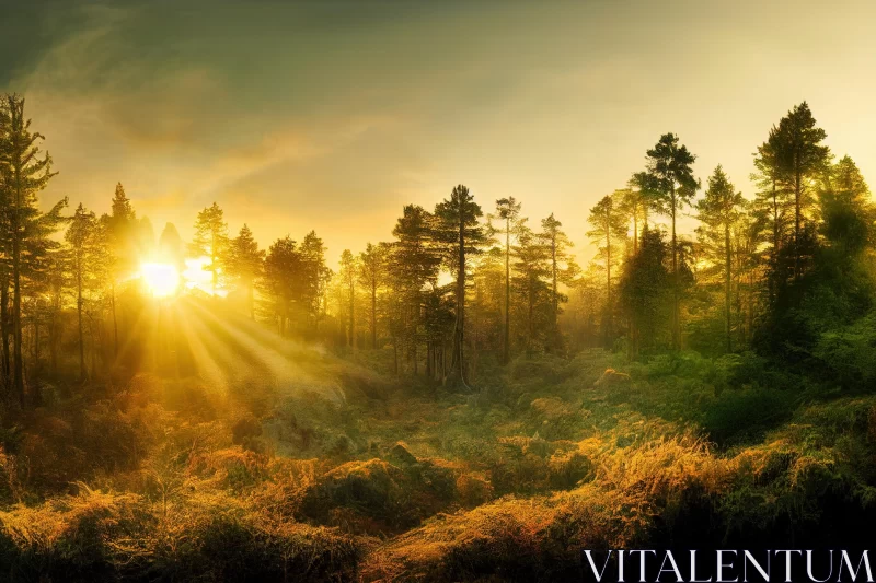 Captivating Sunrise Over Autumn Forest: Scottish Landscapes and Epic Fantasy Scenes AI Image