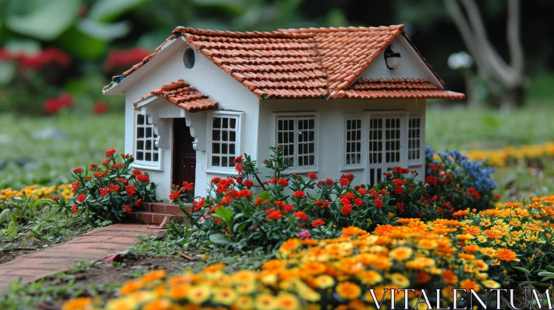 Charming White House with Orange Roof Surrounded by Vibrant Flowers AI Image