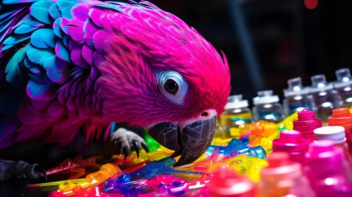 Colorful Parrot with Toys on Table