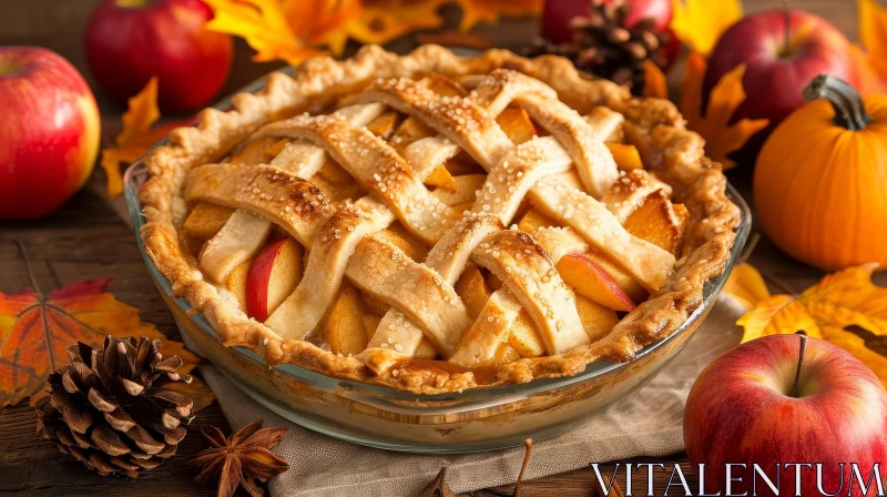 Delicious Apple Pie on Wooden Table - Close-Up View AI Image