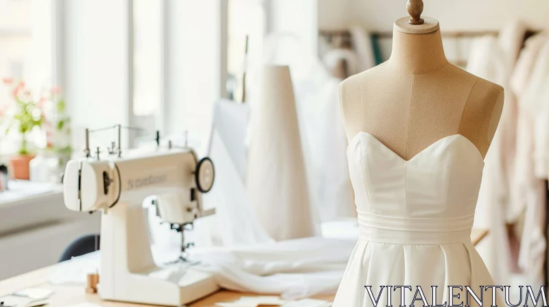 Elegant White Satin Wedding Dress with Sewing Supplies AI Image