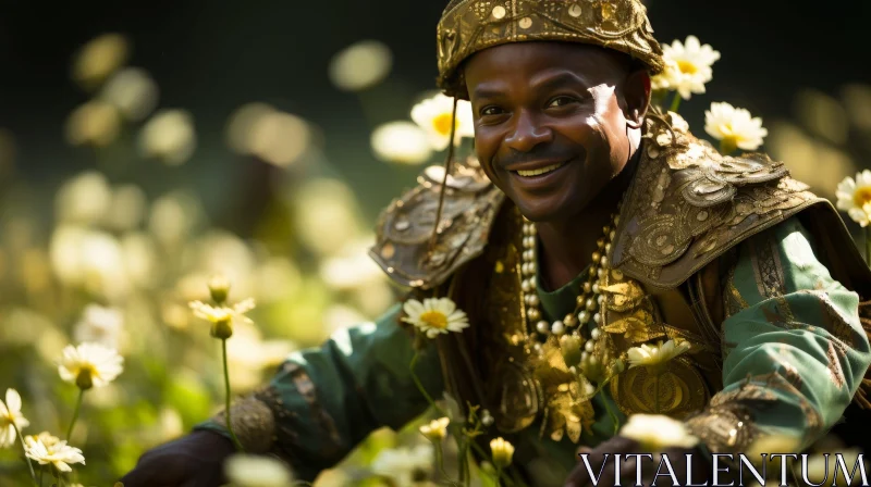 Golden Headdress Man Surrounded by Flowers in Forest