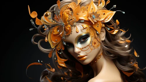 Golden Mask Woman with Orange Flowers and Pearls