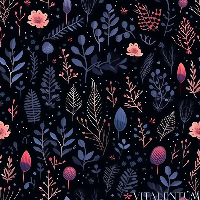 Hand-Drawn Plants and Flowers Seamless Pattern - Dark Background AI Image