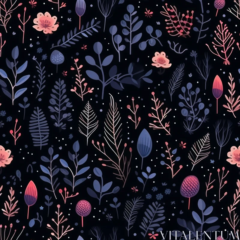 Hand-Drawn Plants and Flowers Seamless Pattern - Dark Background