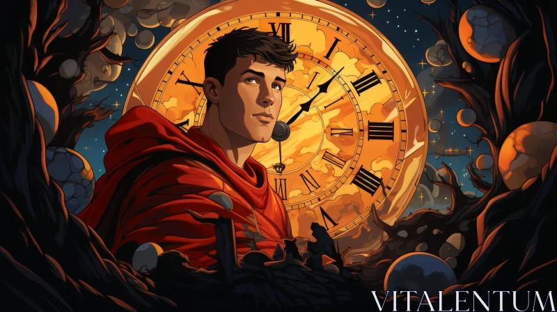 Man in Red Cape Standing Before Grand Clock AI Image