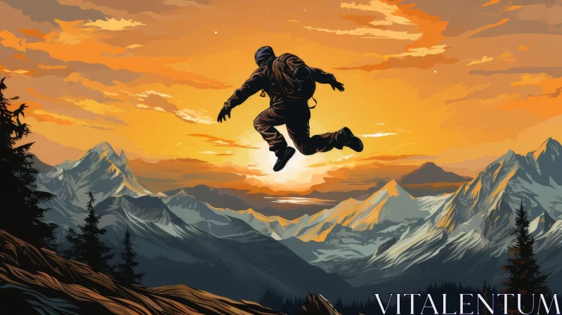 Man Jumping over Mountain at Sunset AI Image