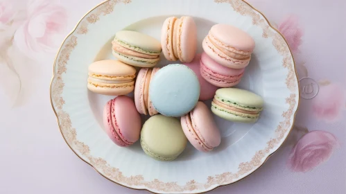 Multicolored Macarons on White Plate with Floral Design