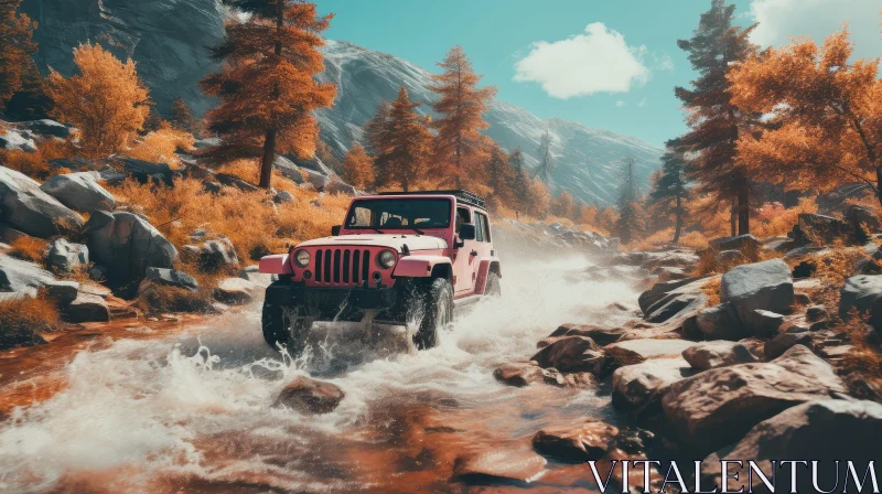 Pink Jeep Wrangler Crossing River in Mountain Landscape AI Image