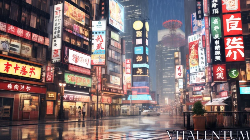 Rainy Japanese City Street with Neon Signs AI Image