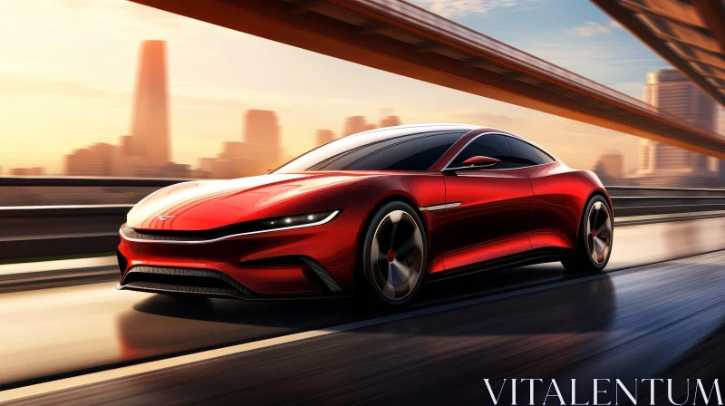 AI ART Red Sports Car Speeding on Highway at Sunset