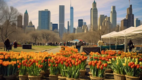 Spring Day in Central Park, New York City - Tulips and Manhattan Skyline