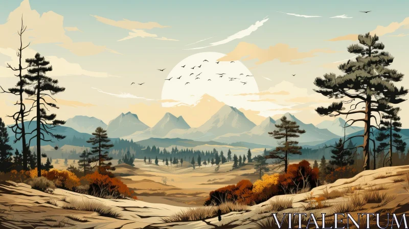 Tranquil Sunset Landscape Painting AI Image