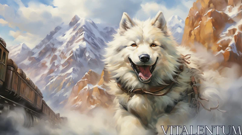 AI ART White Wolf Running in Mountains Painting