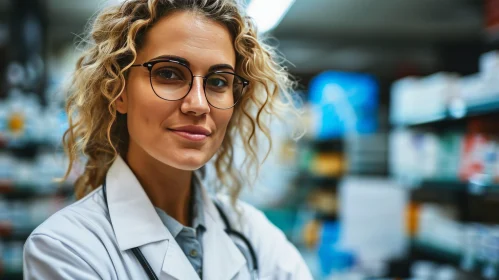 Young Female Doctor or Pharmacist with Curly Hair and Stethoscope