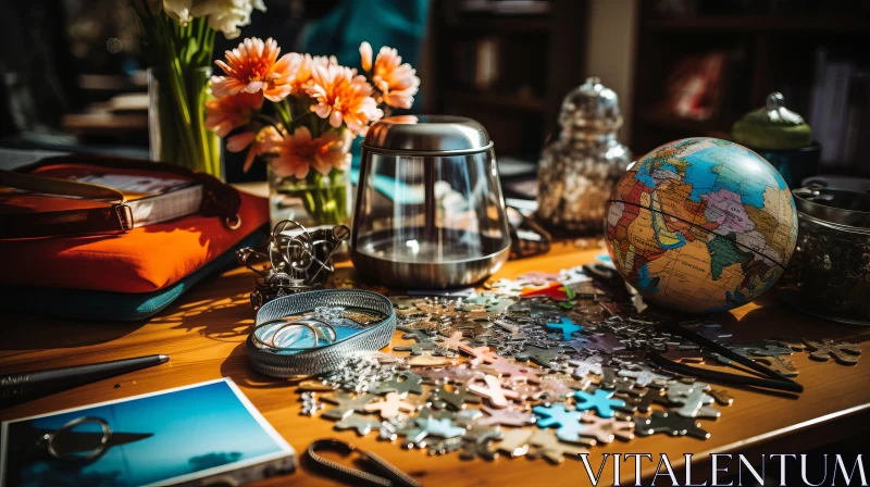 Adventure-Themed Puzzle on Table: A Blend of Domesticity and Travel AI Image