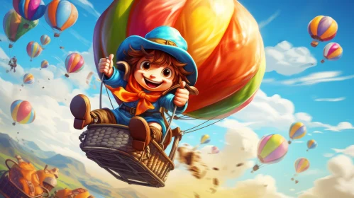 Boy in Hot Air Balloon Cartoon Illustration