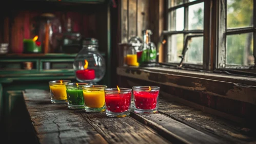 Captivating Still Life: Four Candles in Glass Cups on Wooden Table