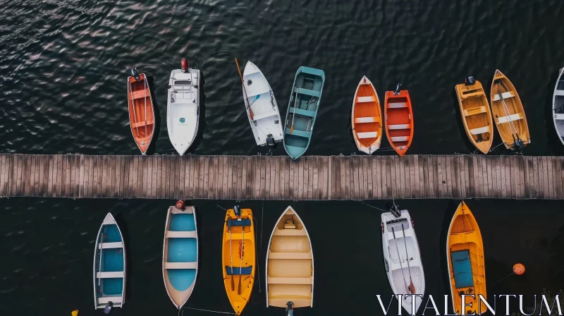 Colorful Boats Moored on Wooden Dock - Top View AI Image