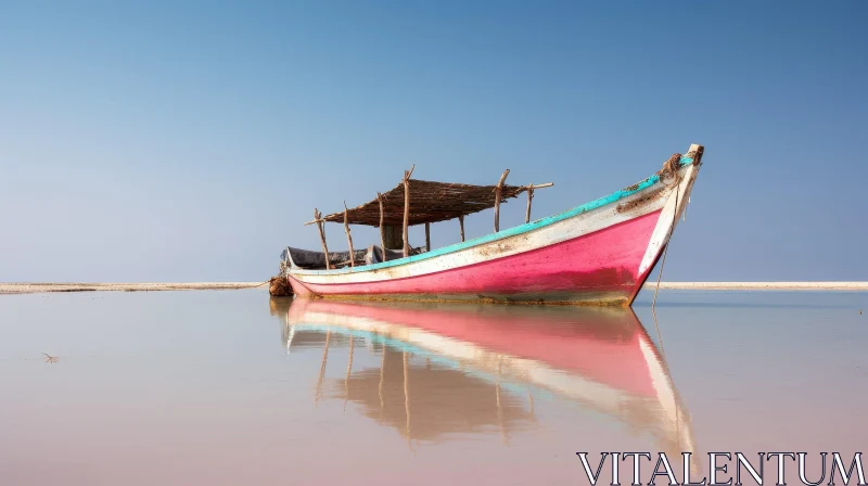 Colorful Fishing Boat in Shallow Water AI Image