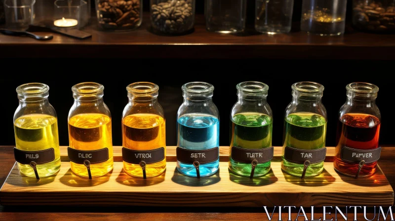 Colorful Glass Bottles Displayed on Wooden Shelf AI Image