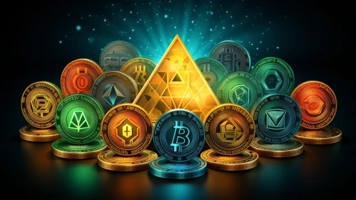 Cryptocurrency Coins Circle Glowing Pyramid - Digital Illustration