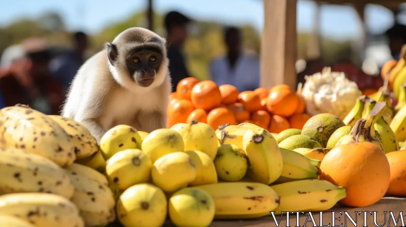 Curious Monkey Surrounded by Bananas and Oranges AI Image
