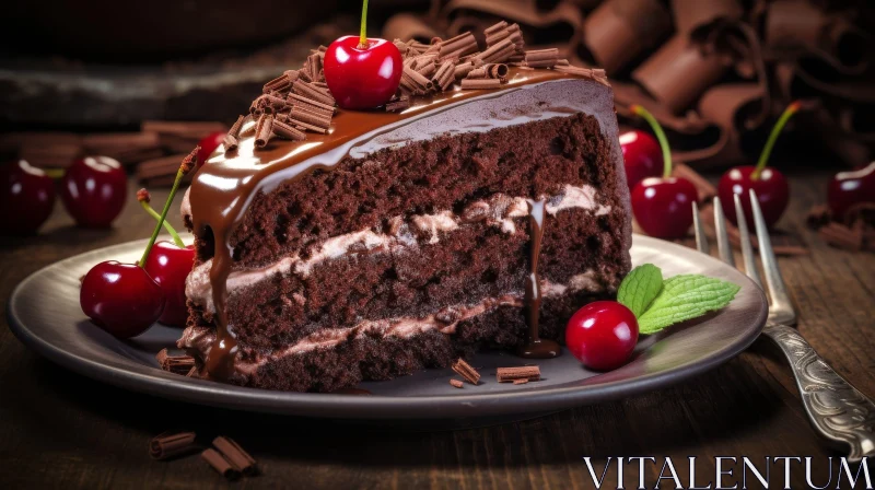 Delicious Chocolate Cake Slice with Cherry on Plate AI Image