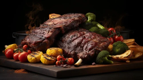 Delicious Grilled Beef Ribs with Baked Potatoes and Fresh Vegetables