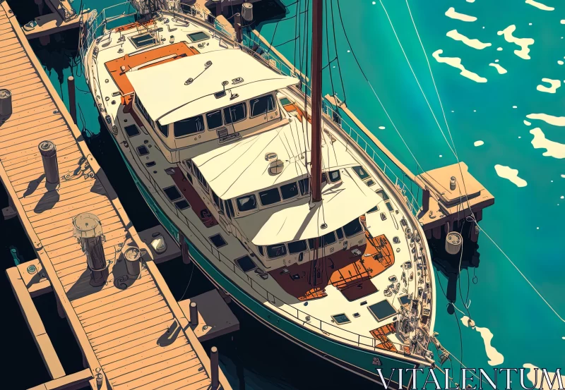 Detailed Illustration of a Large Yacht Docked at a Vintage-Style Dock AI Image