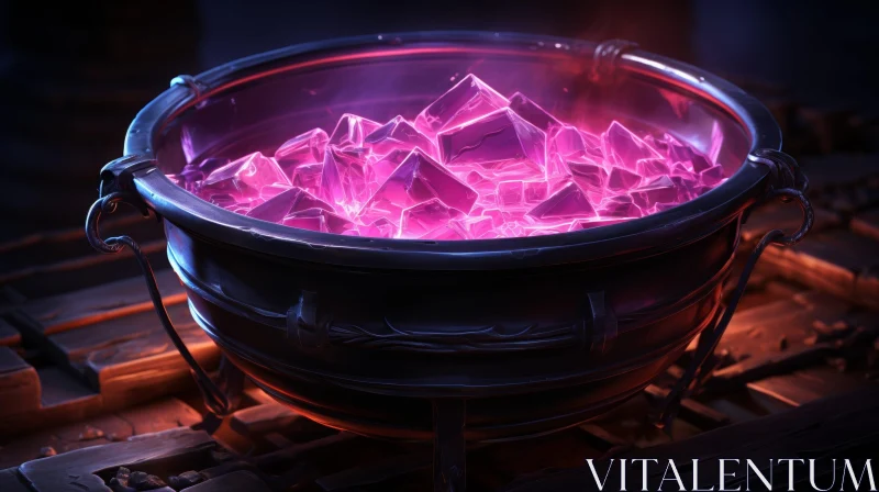 Enchanting Cauldron with Glowing Pink Crystals AI Image