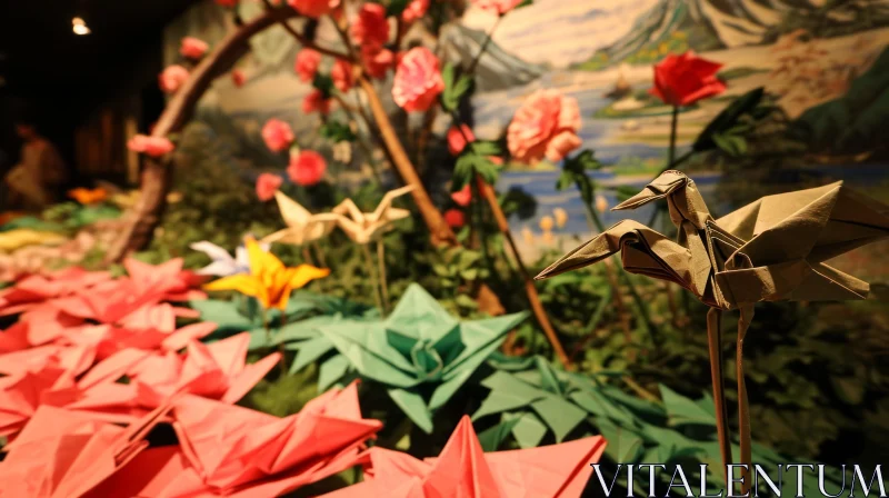Exquisite Origami Diorama: Serene Pond and Delicate Paper Cranes AI Image